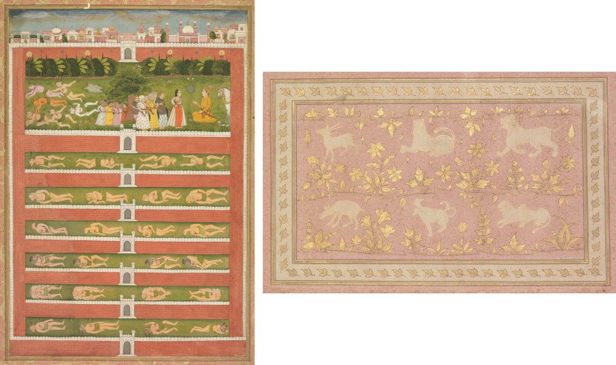 A Princess and Demons before a Nobleman: A Leaf from a Poetical Romance Relating to Shah Alam I (recto); Stenciled Scenes of Lion and Gazelle (verso)