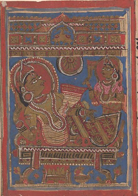 Trisala on Her Couch (left) / The Goddess Sri, One of the Fourteen Lucky Dreams (right); Page from a Dispersed Kalpa Sutra (Jain Book of Rituals)