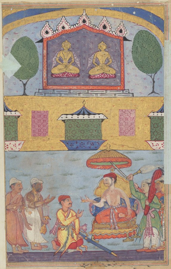 The goldsmith and the carpenter inform the king of a dream in which the golden images plan to desert the city for lack of worshippers, from a Tuti-nama (Tales of a Parrot): Third Night