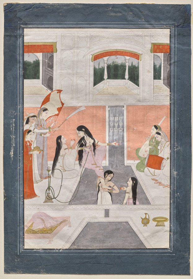 Palace women enjoy music by the side of a cascade