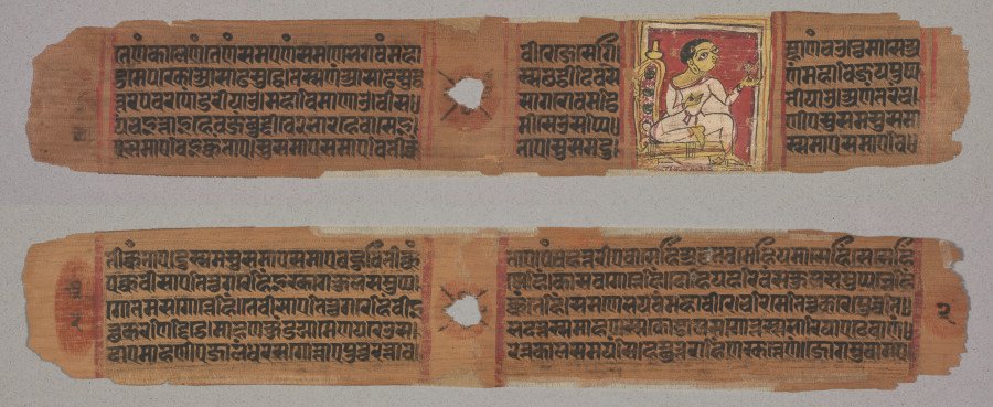 Folio 2, from a Kalpa-sutra and Story of Kalakacharya: Monk Holding a Flower (recto); text (verso)
