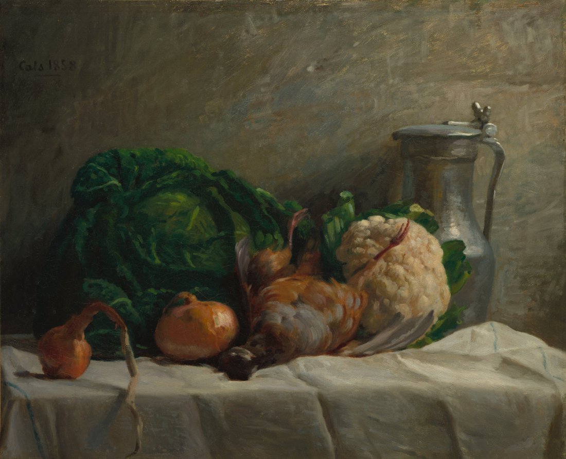 Still Life with Vegetables, Partridge, and a Jug — Adolphe-Félix Cals (French, 1810–1880)
