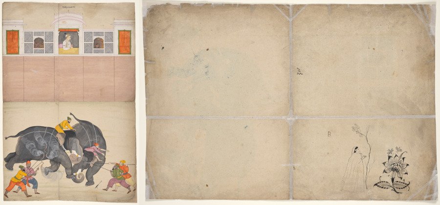 Two Elephants Fighting in a Courtyard Before Muhammad Shah
