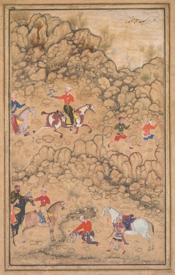 Hunting with falcons in a landscape (recto) — Abd al-Samad (Persian, c. 1510–1600)