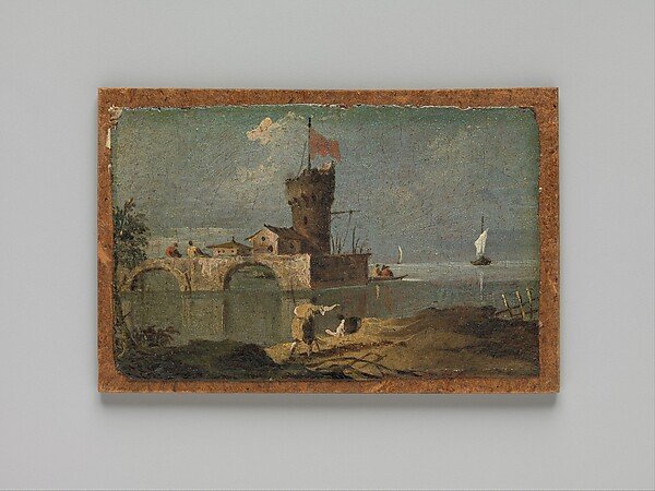 Capriccio with a Circular Tower, Two Houses, and a Bridge — Francesco Guardi