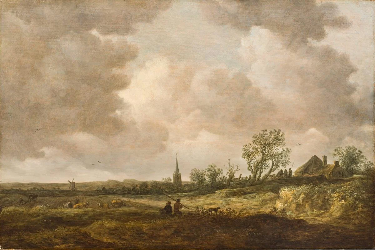 Landscape with dunes, figures, windmill, spire, and house