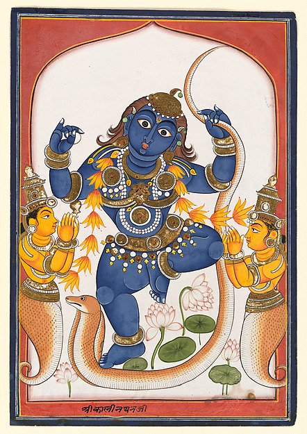 Krishna subduing Kaliya, flanked by his pleading wives
