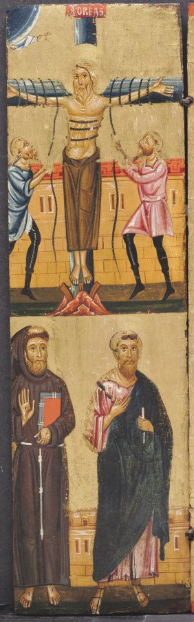 The Crucifixion of St. Andrew, with St. Francis and St. Paul below — Berlinghiero (Italian, before 1242)