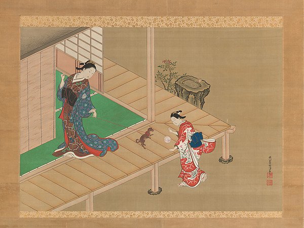 Courtesan and Attendant Playing with a Dog