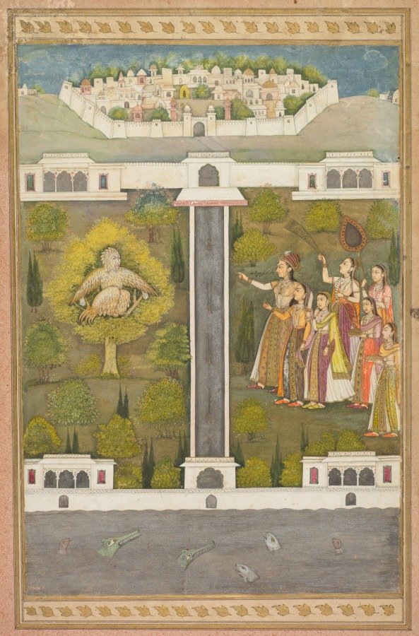 Mahliqa, Daughter of the Emperor of China, Pointing at the Bird-Man Khwaja Mubarak: A Leaf from a Poetical Romance Relating to Shah Alam I (recto)