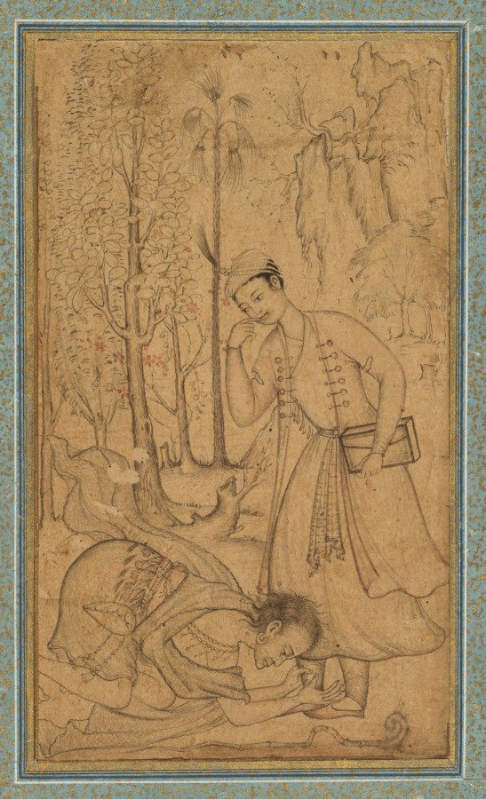 A holy man prostrating himself before a learned prince