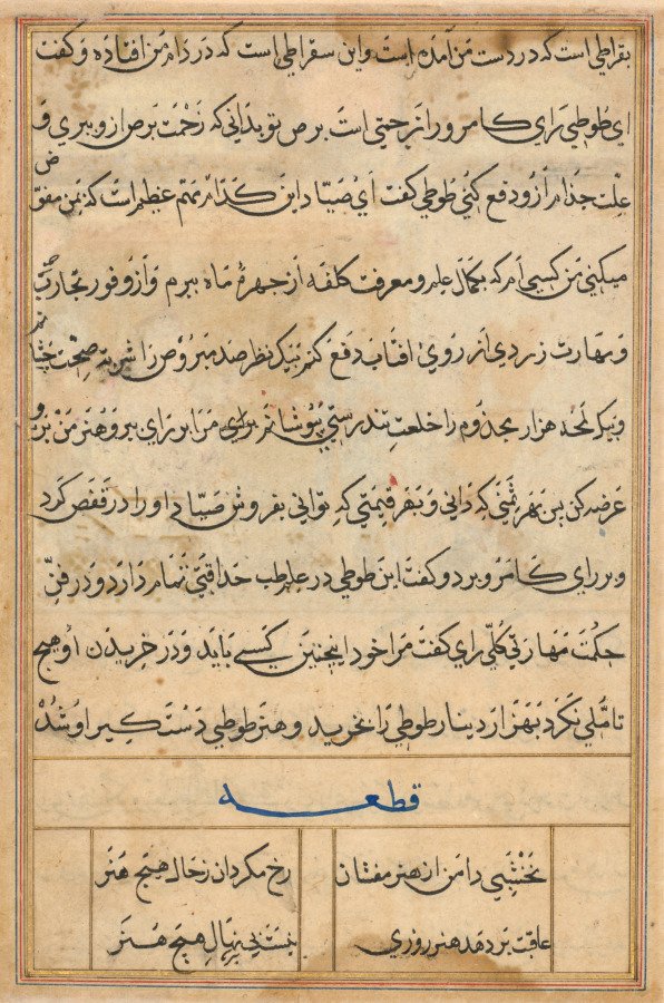 Page from Tales of a Parrot (Tuti-nama): text page — Basavana (Indian, active c. 1560–1600)