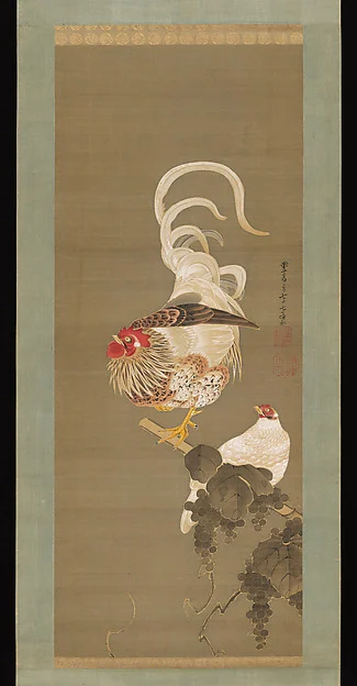 Hen and Rooster with Grapevine