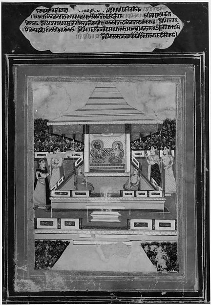 Krishna and Radha in Garden Pavilion with Female Attendants