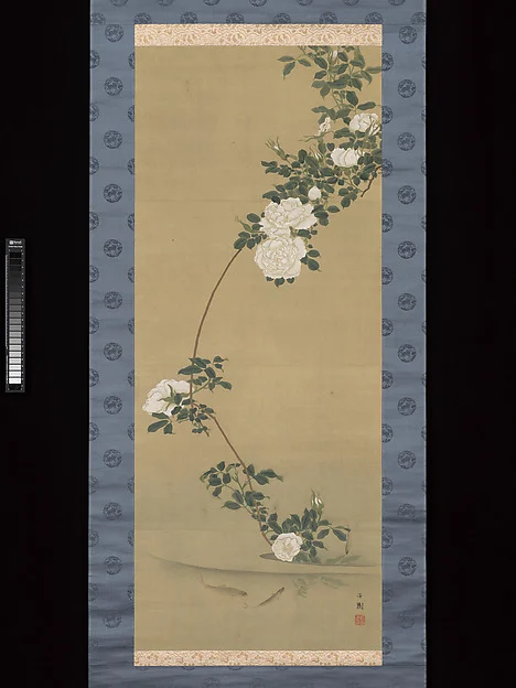 White Roses and Fish in Stream — Nishiyama Hōen