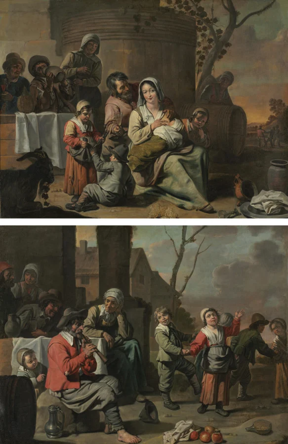 Vintage Scene and Peasant Children Dancing (painting pair) — Le Nain (French)