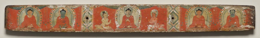 Ratnasambhava, Akshobhya, Vairochana with attendants, Amitabha, and Amoghasiddhi, Top cover, from a Manuscript of the Perfection of Wisdom in Eight Thousand Lines (Ashtasahasrika Prajnaparamita-sutra)