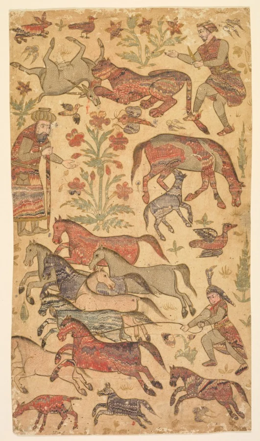 A marbled picture of Rustam catching Rakhsh — Shafi (Indian, active about 1650)