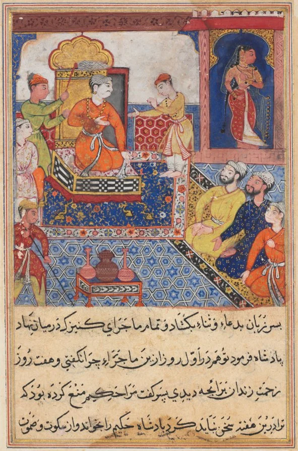 The young prince recounts his experiences to his father, the king, from a Tuti-nama (Tales of a Parrot): Eighth Night — Suraju (Indian)