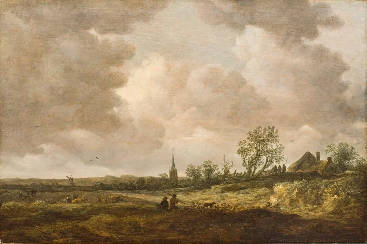 Landscape with dunes, figures, windmill, spire, and house