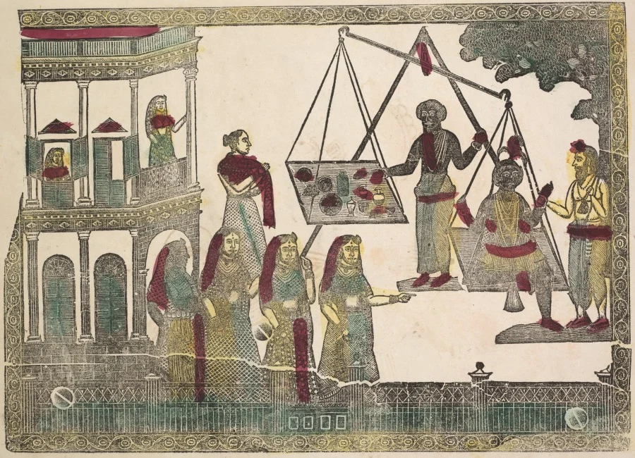 Krishna weighed against precious objects(?) (verso), from a Kalighat album — Shri Gobinda Chandra Roy (Indian, active late 1800s)