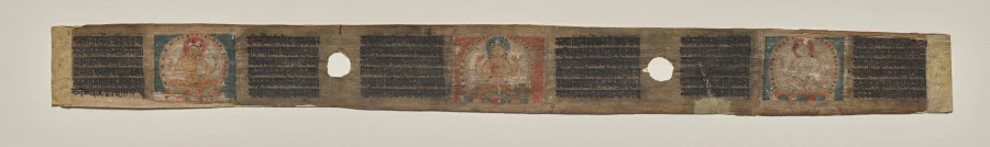 Prajnaparamita ﬂanked by two female ﬁgures, folio 1 (verso), from a Manuscript of the Perfection of Wisdom in Eight Thousand Lines (Ashtasahasrika Prajnaparamita-sutra)