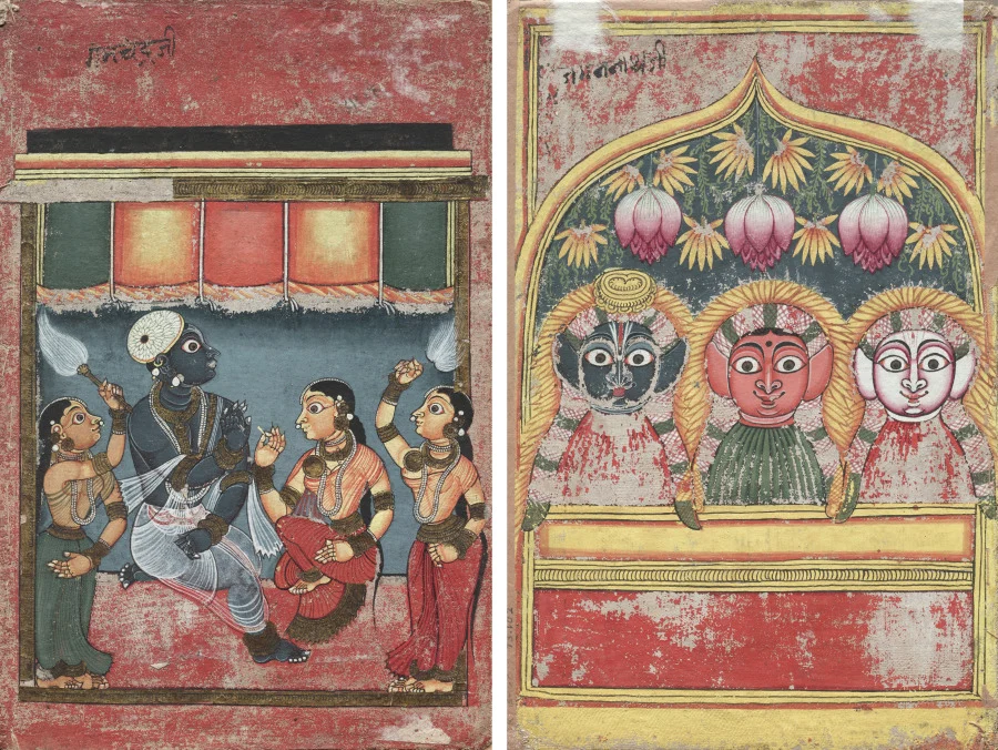 Krishna with Radha and Two Attendants (recto); Jagannath, Subhadra and Balarama in an Arch (verso)