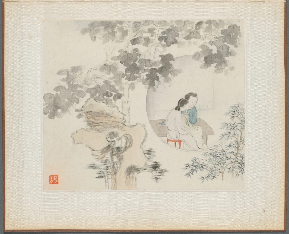 Album of Landscape Paintings Illustrating Old Poems: Two Women with Needlework in a Garden — Hua Yan (Chinese, 1682–c. 1765)