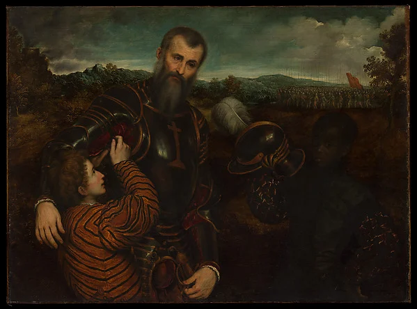 Portrait of a Man in Armor with Two Pages — Paris Bordon