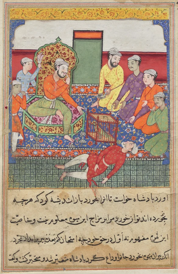 The old man eats of the fruit of the Tree of Life, but drops dead, from a Tuti-nama (Tales of a Parrot): Ninth Night — Lalu (Indian, active mid-1500s)