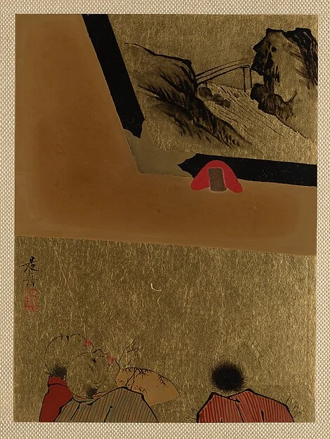 Three Men Looking at Framed Lacquer Drawing