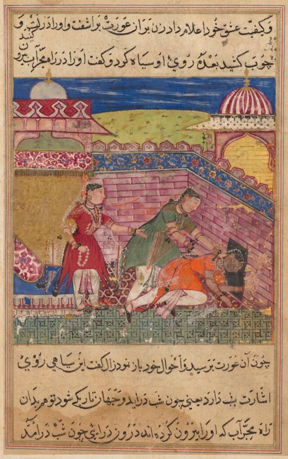 The deceitful wife ejects the procuress after blackening her face, from a Tuti-nama (Tales of a Parrot): Eighth Night — Shravana (Indian, active 1550s–c.1600)