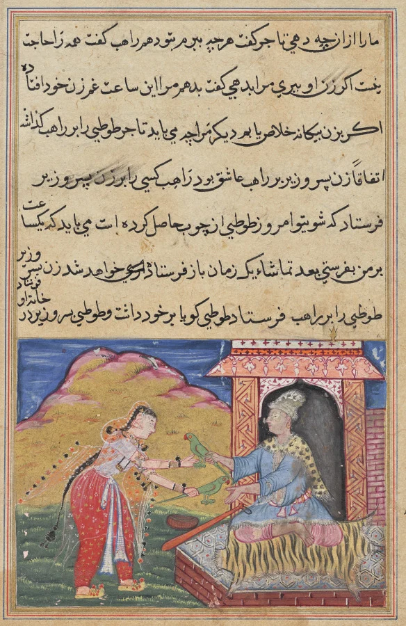 The wife of the son of the vizier brings the magic wooden parrot to her lover, the monk, who exchanges it for the replica, from a Tuti-nama (Tales of a Parrot): Tenth Night — Lalu (Indian, active mid-1500s)