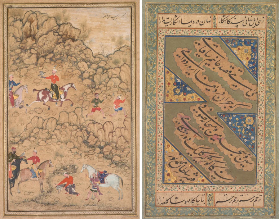 Hunting with falcons in a landscape; verso: Calligraphy of Chaghatai Turkish poems in praise of wine, Sultan Muhammad Nur (Persian, c. 1472–1536) and Mirza Muhammad (probably Persian, active c. 1520s) — Abd al-Samad (Persian, c. 1510–1600)