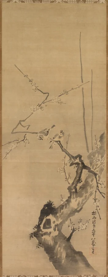 Sparrows on Blossoming Plum; A Sage with Tiger; Chinese Bird on Snow-Laden Branch — Kano Tan’yū (Japanese, 1602–1674)