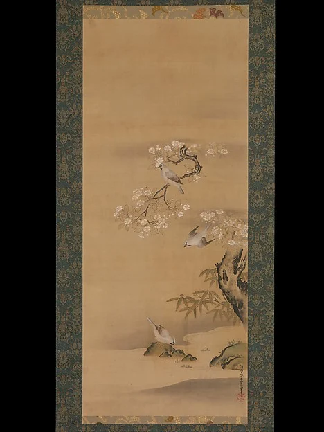 Waxwings, Cherry Blossoms, and Bamboo — Kiyohara Yukinobu