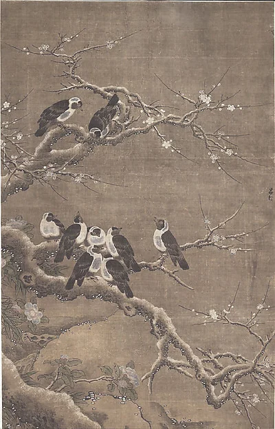 Collared Crows on Winter Prunus — Unidentified artist