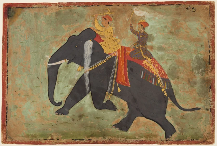 Prince Amar Singh (1672–1710) Drives His Own Elephant — Mewar Stipple Master (Indian)