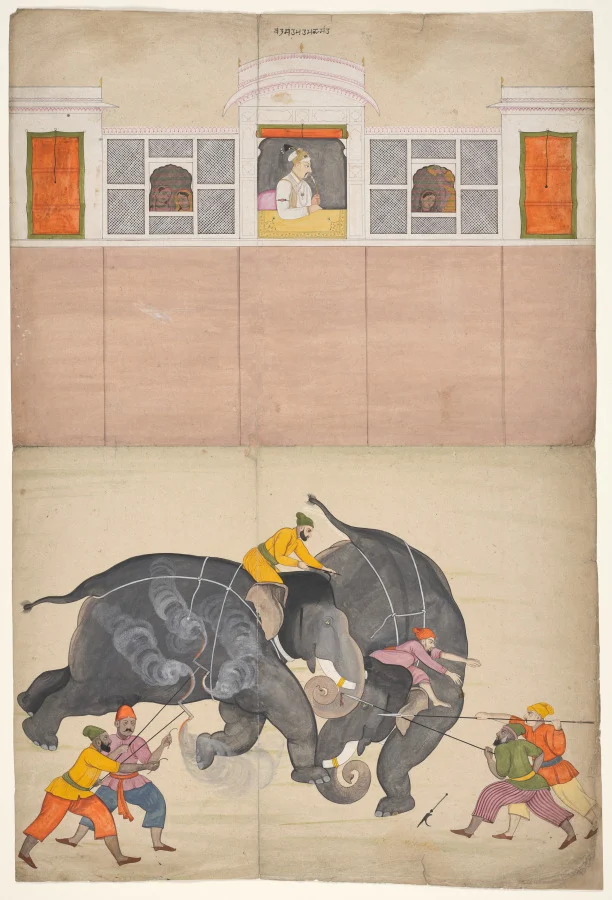 Two Elephants Fighting in a Courtyard Before Muhammad Shah — Nainsukh (Indian, 1710–1778)