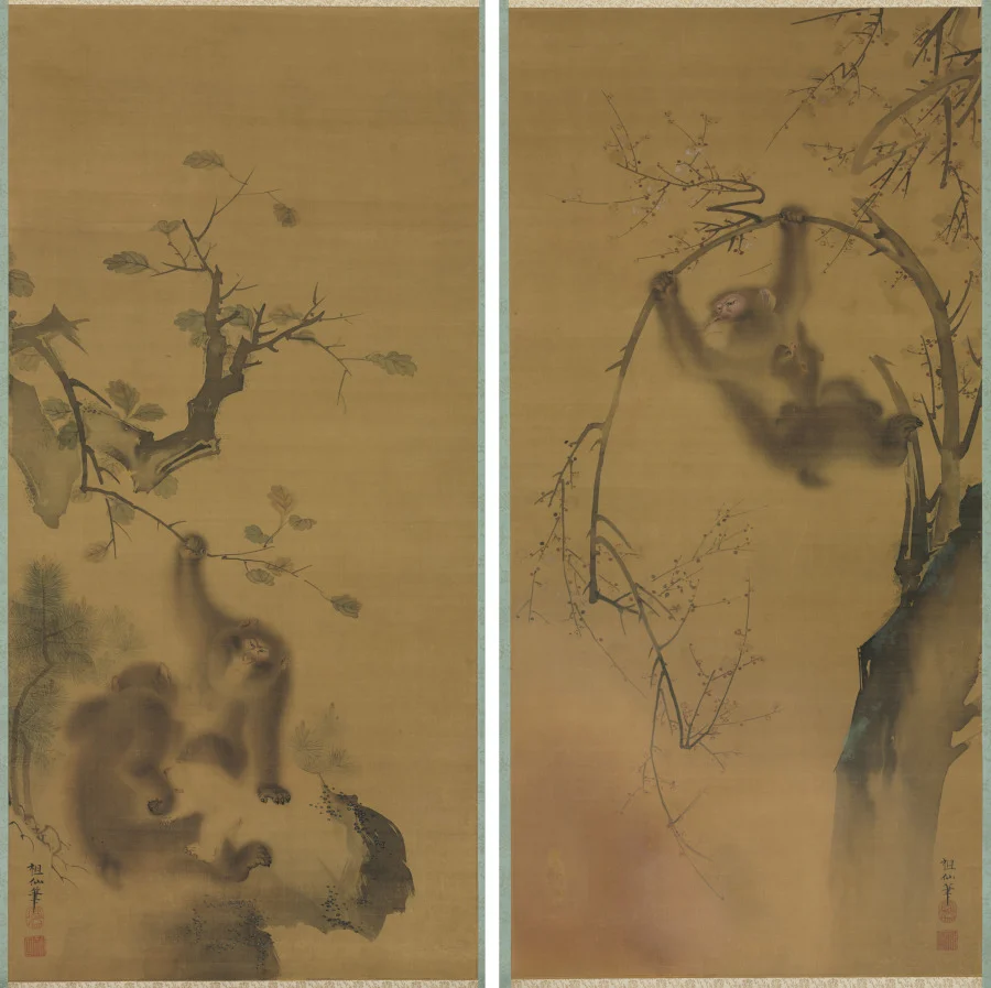 Monkeys in a Cherry Tree; Monkeys on a Rock Ledge — Mori Sosen (Japanese, 1747–1821)