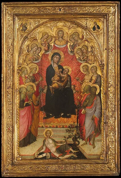 Madonna and Child Enthroned with Saint John the Evangelist, Saint Peter, Saint Agnes, Saint Catherine of Alexandria, Saint Lucy, an Unidentified Female Saint, Saint Paul, and Saint John the Baptist, with Eve and the Serpent; the Annunciation — Paolo di Giovanni Fei