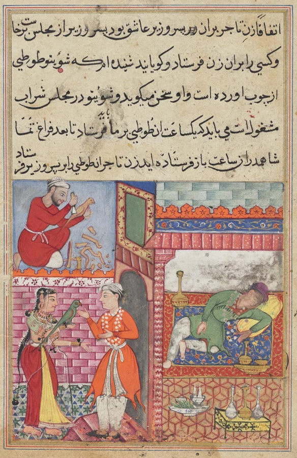 The vizier’s son receives the magic wooden parrot from the wife of the merchant, who is drunk, and has a replica made by a carpenter, from a Tuti-nama (Tales of a Parrot): Tenth Night — Lalu (Indian, active mid-1500s)