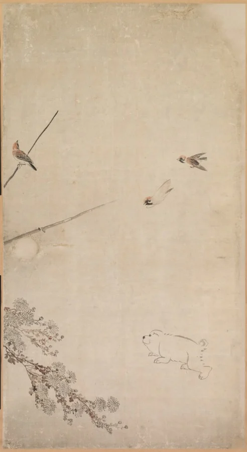 Puppies, Sparrows, and Chrysanthemums — Nagasawa Rosetsu (Japanese, 1754–1799)