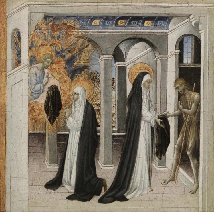 St. Catherine of Siena and the Beggar — Giovanni di Paolo (Italian, c. 1403–1482)