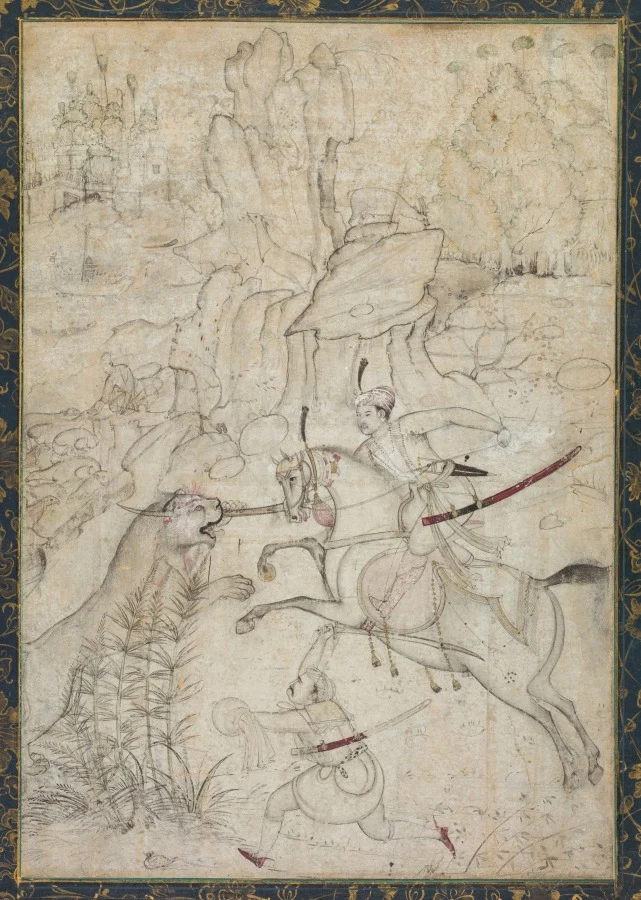 A Mounted Prince Hunting Lion in a Rocky Landscape — Khem Karan (Indian)