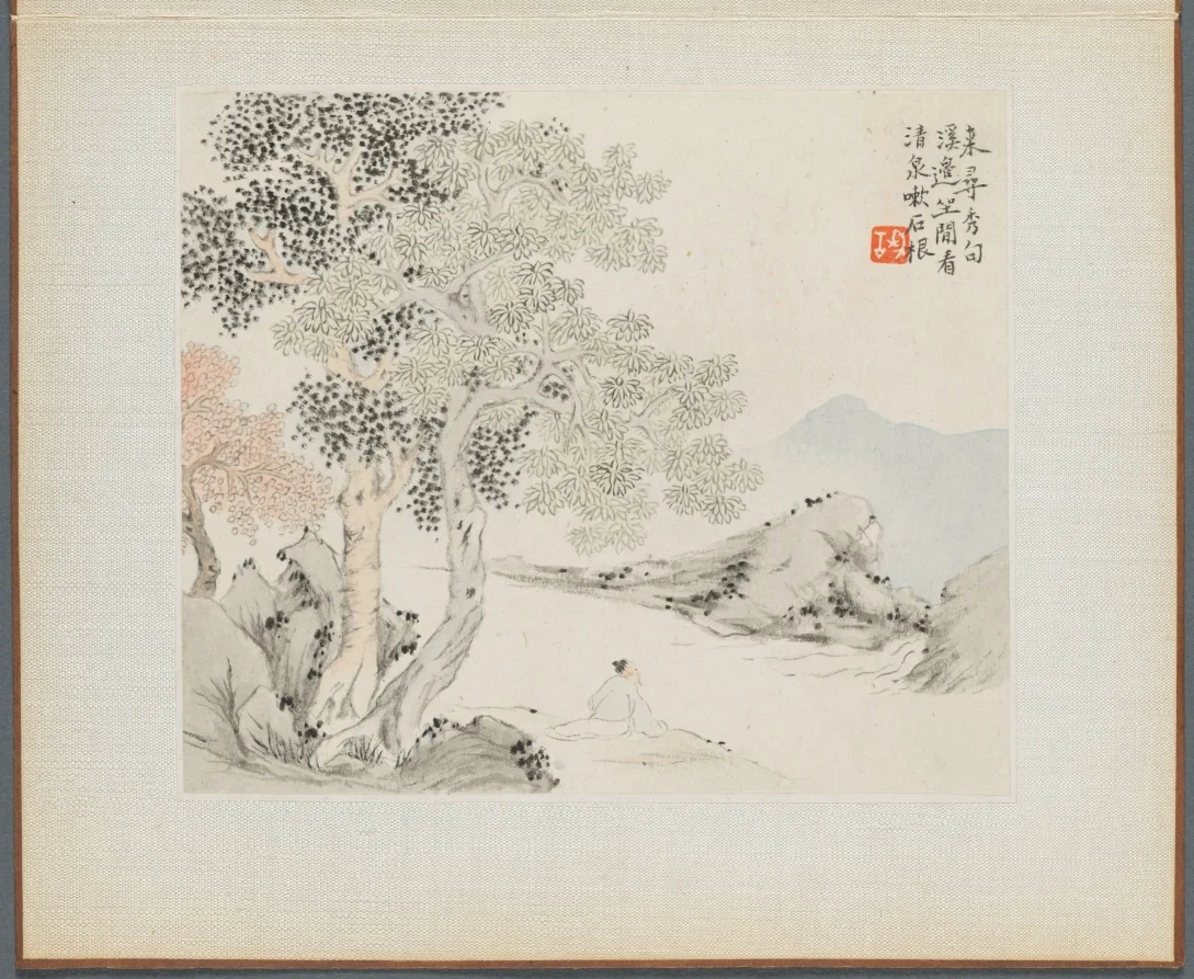 Album of Landscape Paintings Illustrating Old Poems:  Three Big Trees, a Stream with an Old Man Sitting on the Bank — Hua Yan (Chinese, 1682–c. 1765)