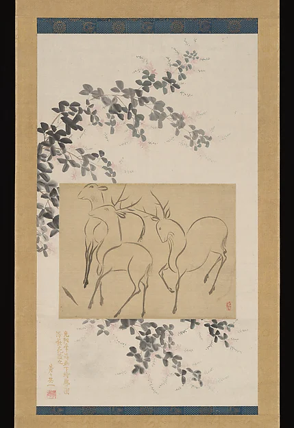 Preliminary Drawing of Three Deer Mounted on a Hanging-scroll Painting of Flowering Bush Clover