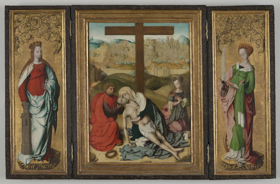 Triptych with The Lamentation of Christ (center), St. Barbara (left wing), St. Catherine of Alexandria (right wing), The Annunciation (reverse wings) — Master of the Krainburg Altar (Austrian, active c. 1485–1510)
