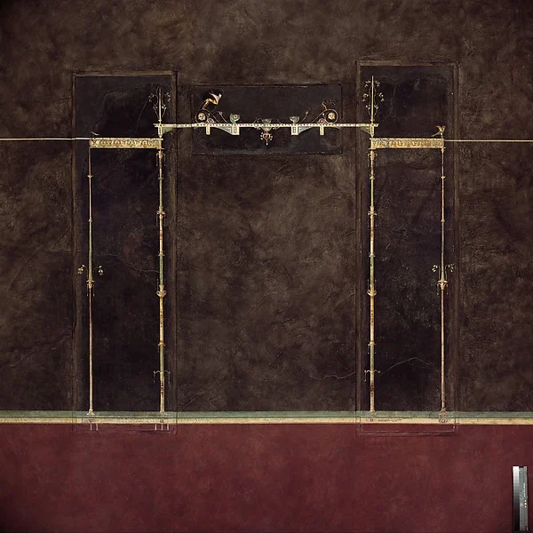 Wall painting on black ground: supports with entablature, from the imperial villa at Boscotrecase