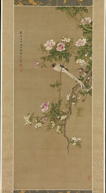 Crabapple, China rose, and Indian flycatcher